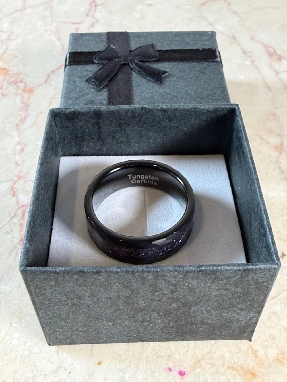 Tungsten Carbide Black Ring with Purple Inlay, Size 10